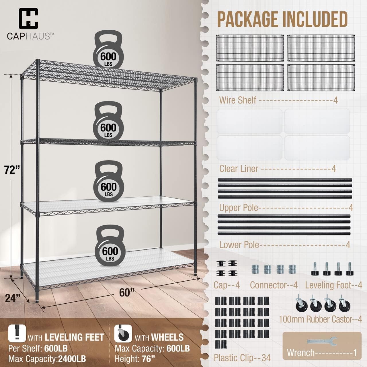 CAPHAUS NSF Commercial Grade Heavy Duty Wire Shelving w/Wheels, Leveling Feet & Liners, Storage Metal Shelf, Garage Shelving Storage, Utility Wire Rack Storage Shelves, w/Liner, 60 x 24 x 76 4-Tier