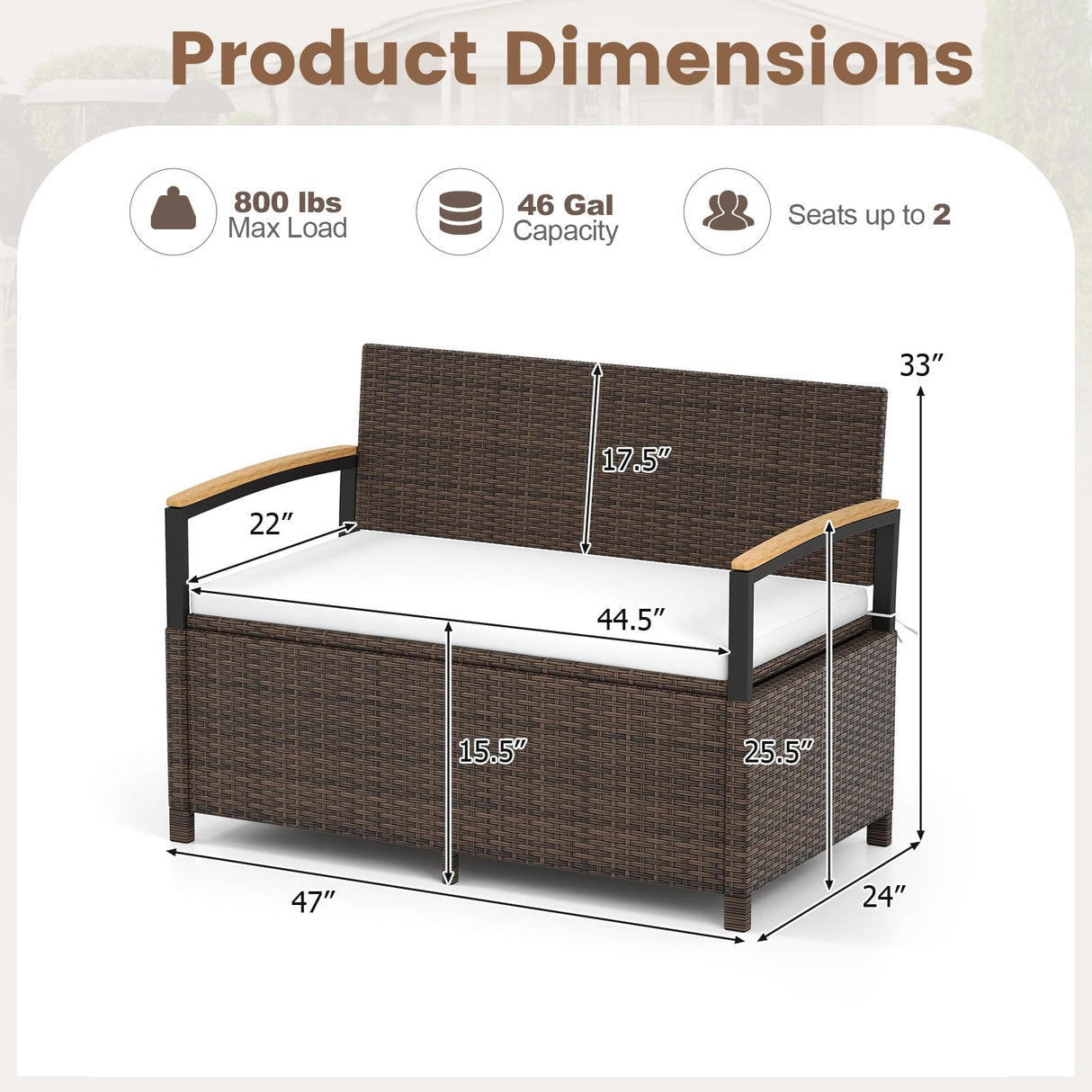 RELAX4LIFE Wicker Outdoor Storage Bench - Rattan Deck Box w/Protective Liner for Patio Furniture Pillows, Pool Supplies & Garden Tools, Porch Loveseat with Seat Cushion, Acacia Wood Armrests RELAX4LIFE