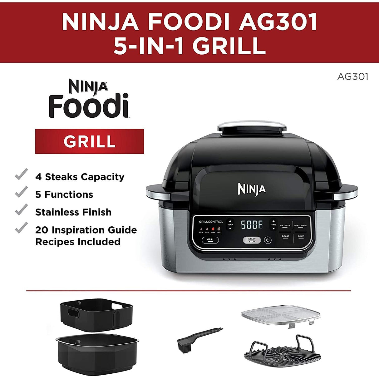 Ninja Foodi 4qt 5-in-1 Indoor Grill and Air Fryer - AG301 Ninja