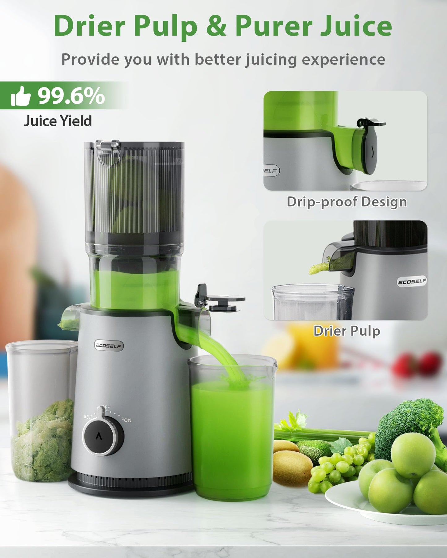 Cold Press Juicer, ECOSELF Slow Masticating Juicer with 4.35" Large Feed Chute Fit Whole Fruits & Vegetables, Self Feeding for Juice Extractor Machine, Easy to Clean and Assemble, High Juice Yield