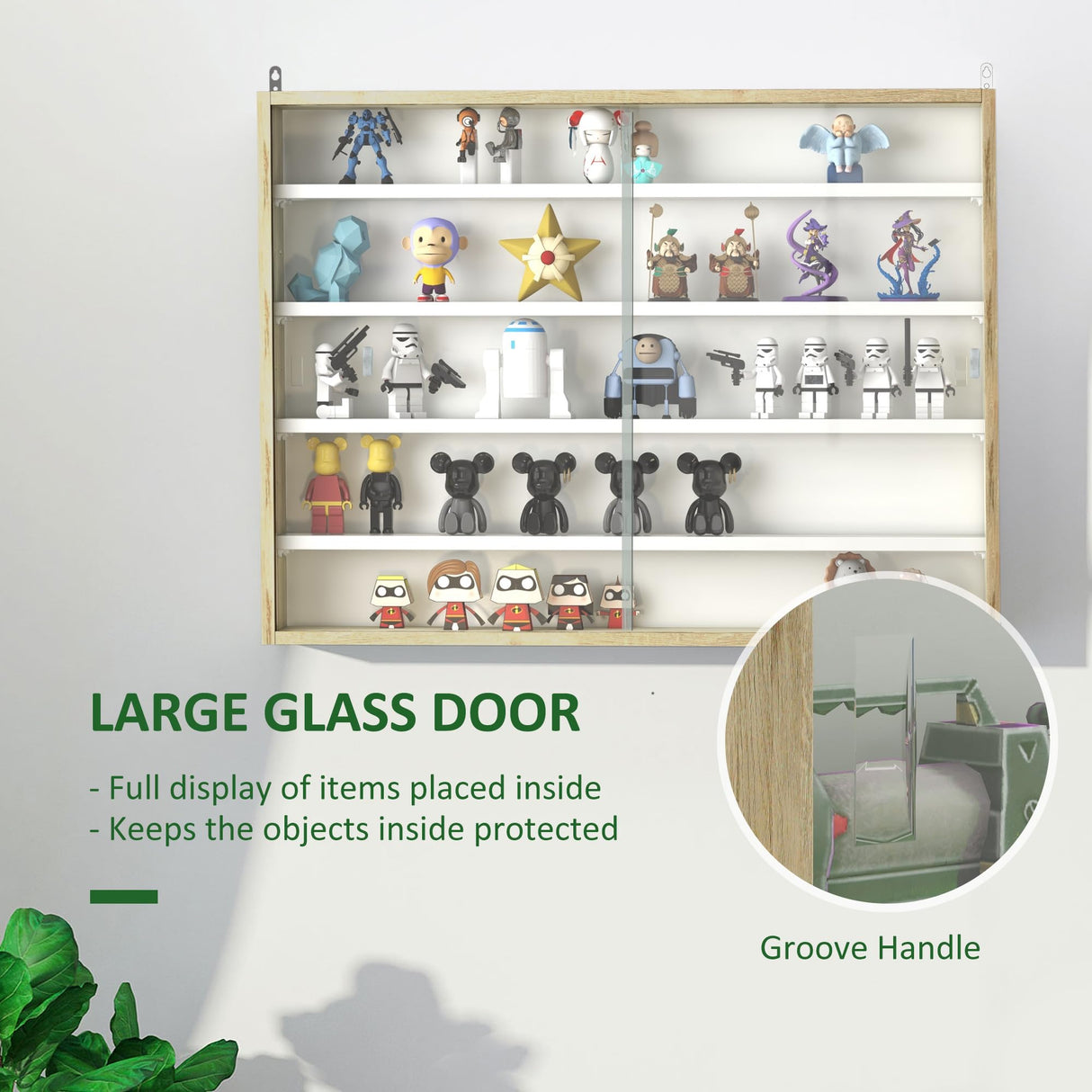 HOMCOM 5-Tier Display Cabinet, Glass Door Cabinet with Adjustable Shelves, Wall-Mounted Display Case for Playroom, Bedroom, Oak HOMCOM