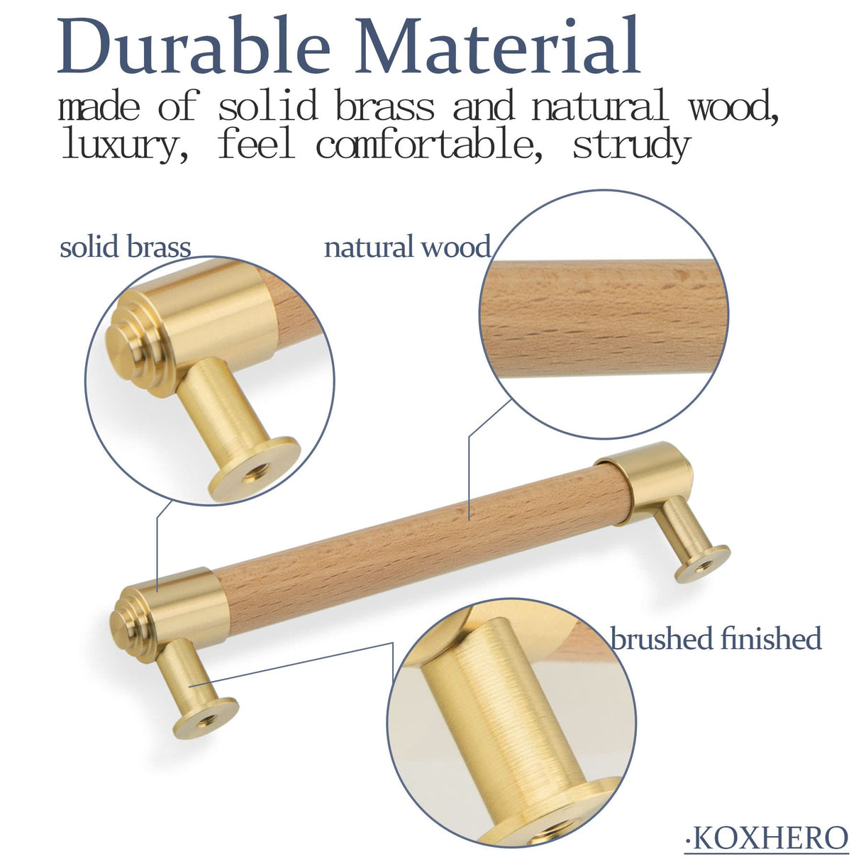 KOXHERO Wood and Brass Cabinet Pulls 7 Inch Center to Center Double Hole 4Pack Modern Kitchen Drawer Handle Unfinished Dresser Knob for Closet Cupboard Wardrobe Brushed Finish KOXHERO