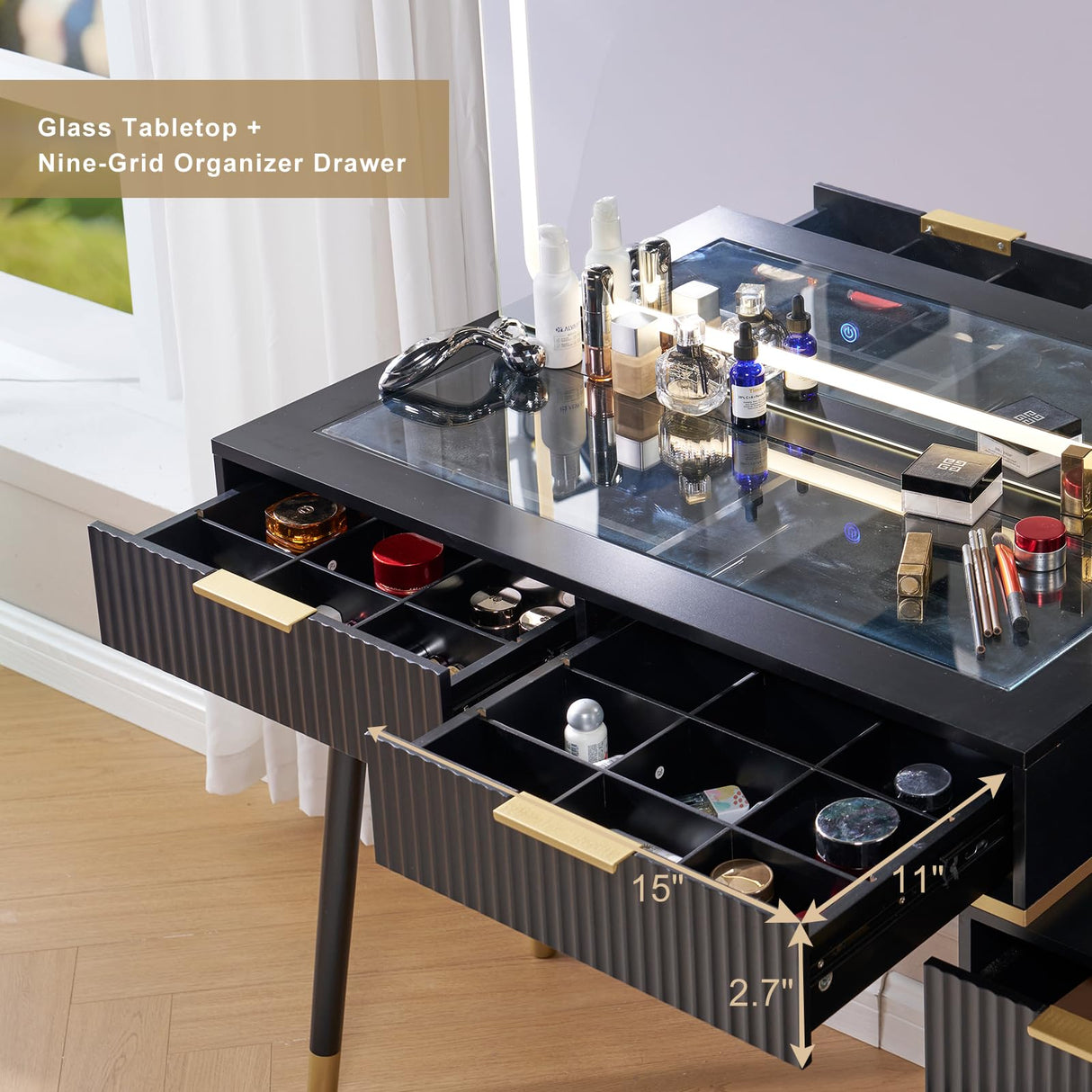 LUXOAK 54" Tall Vanity Desk with 35" W x 24" H Large Mirror and Lights, Large Makeup Vanity Table with 5 Drawers, 3 Shelves and Charging Station, Glass Top Desk for Bedroom, Dressing Room, Black LUXOAK