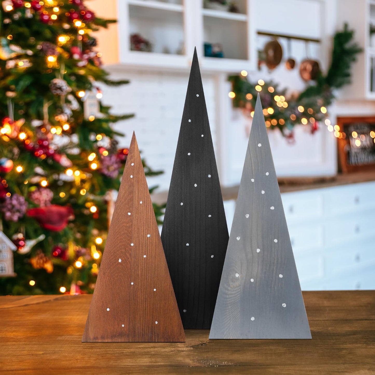 3 Pcs Large Wooden Christmas Trees Tabletop Decorations Minimalist Standing Rustic Wooden Trees Centerpieces Table Signs for Tables Farmhouse Xmas Decor for Home, 10/12/14 inches