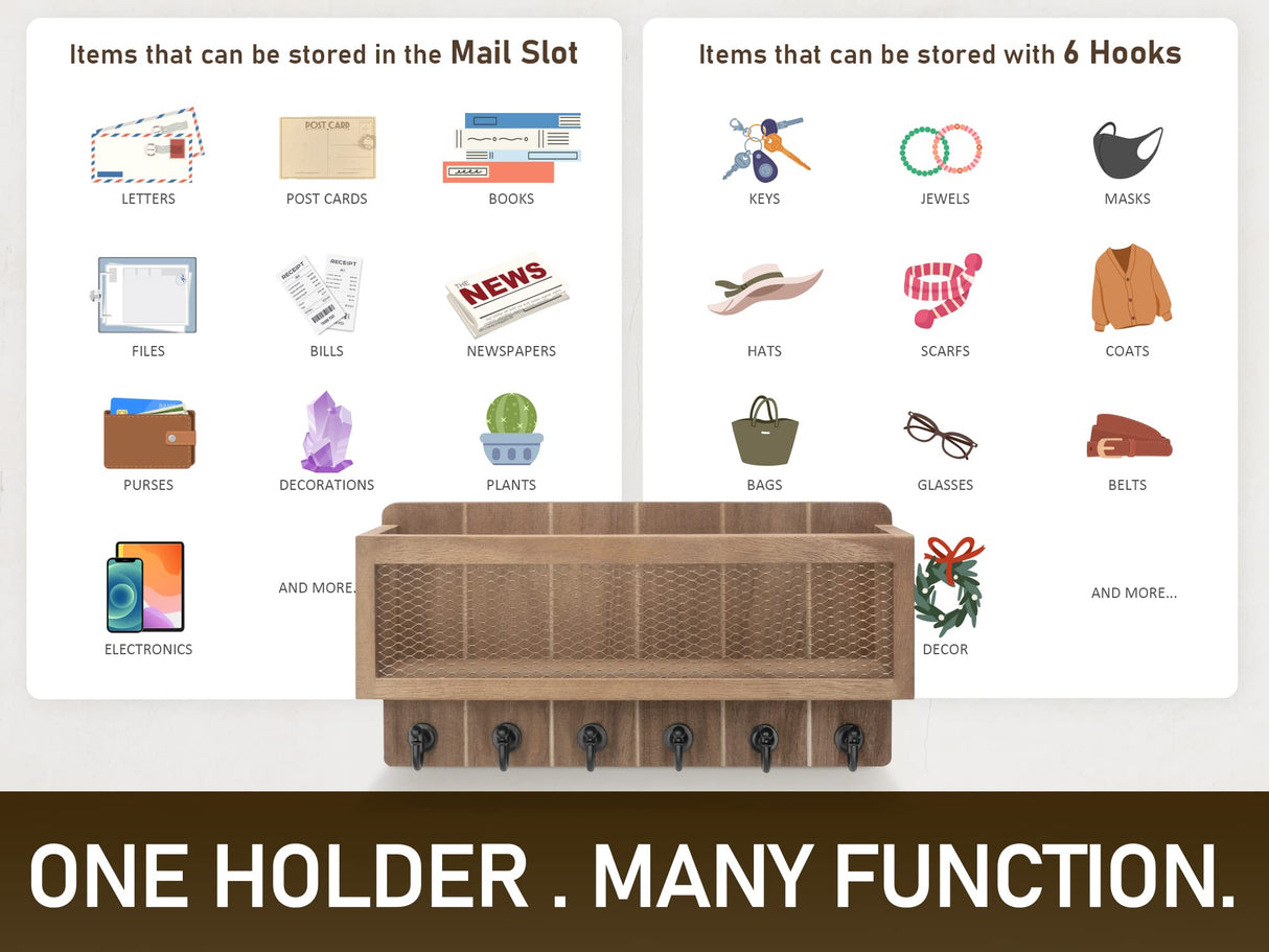 Rebee Vision Farmhouse Key Holder for Wall with Mail Storage Basket : Decorative Wall Mount Organizer with 6 Sturdy Wall Hooks and Wooden Key Rack - Rustic Home Decor (Retro Brown) Rebee Vision