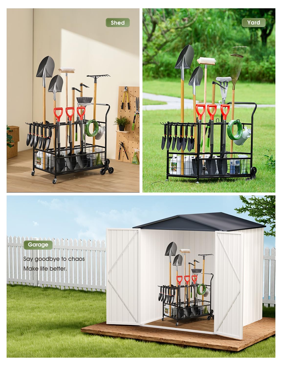 Heavy-Duty Garden Tool Organizer for Garage with 2 Stair-Climbing Wheels, Lawn & Yard Tool Storage Rack, Garage Tool Cart with Lockable Wheels, Outdoor Garden Tool Storage for Sheds SereneHome