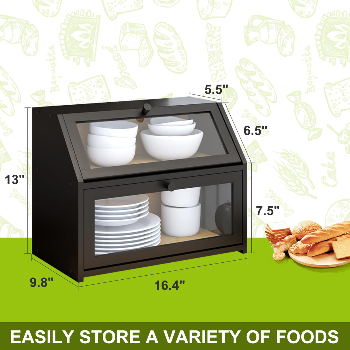 Farmhouse Bread Box for Kitchen Countertop Bread box Double Layer Bamboo Wooden Extra Large Capacity Bin Kitchen Food Storage Container(Black) BMOSU