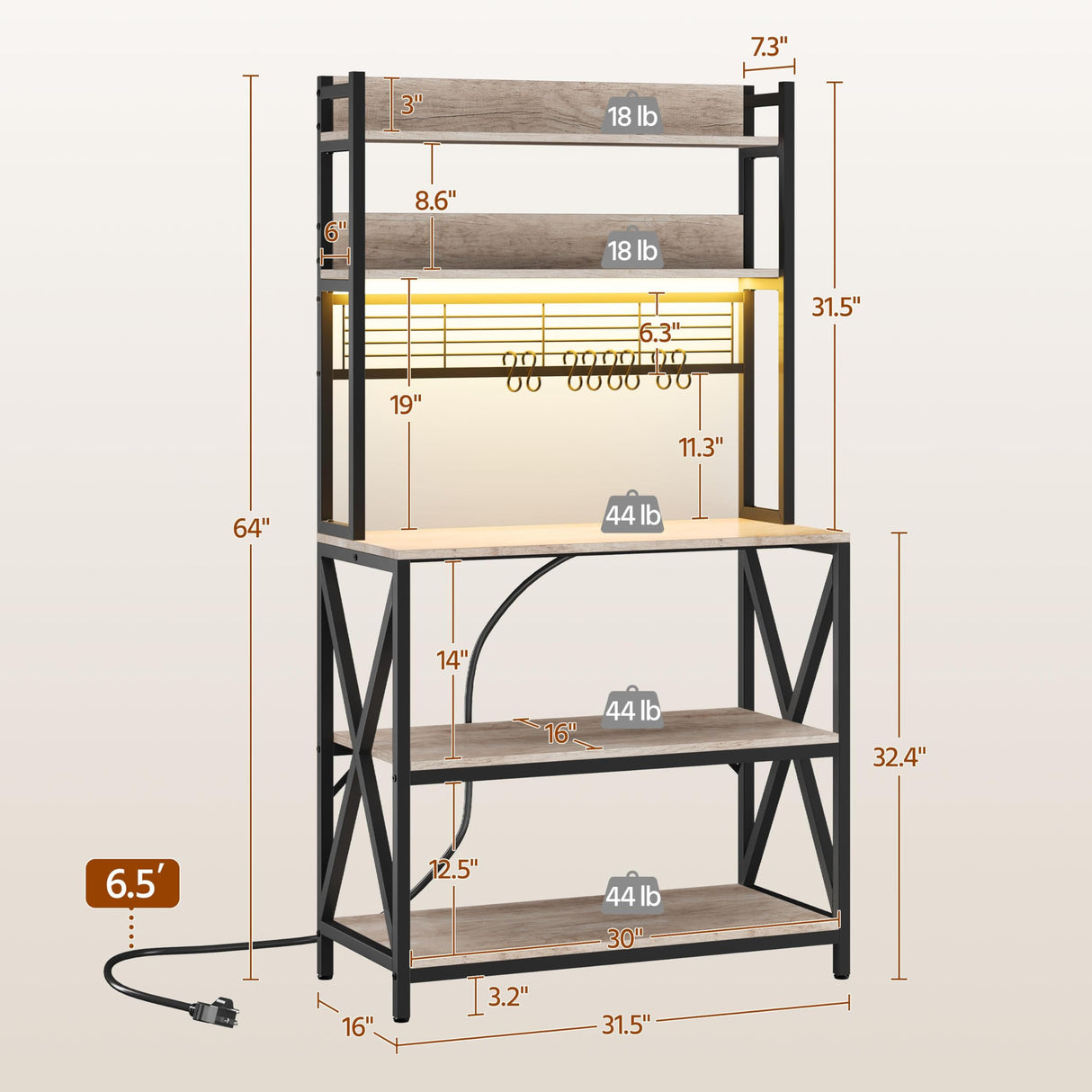 Yaheetech Kitchen Bakers Rack with Power Outlet & LED Lights, 5 Tiers Coffee Bar Table with 8 S Hooks, 64 Inches Tall Microwave Oven Stand with Storage for Spices, Pots, Gray Yaheetech