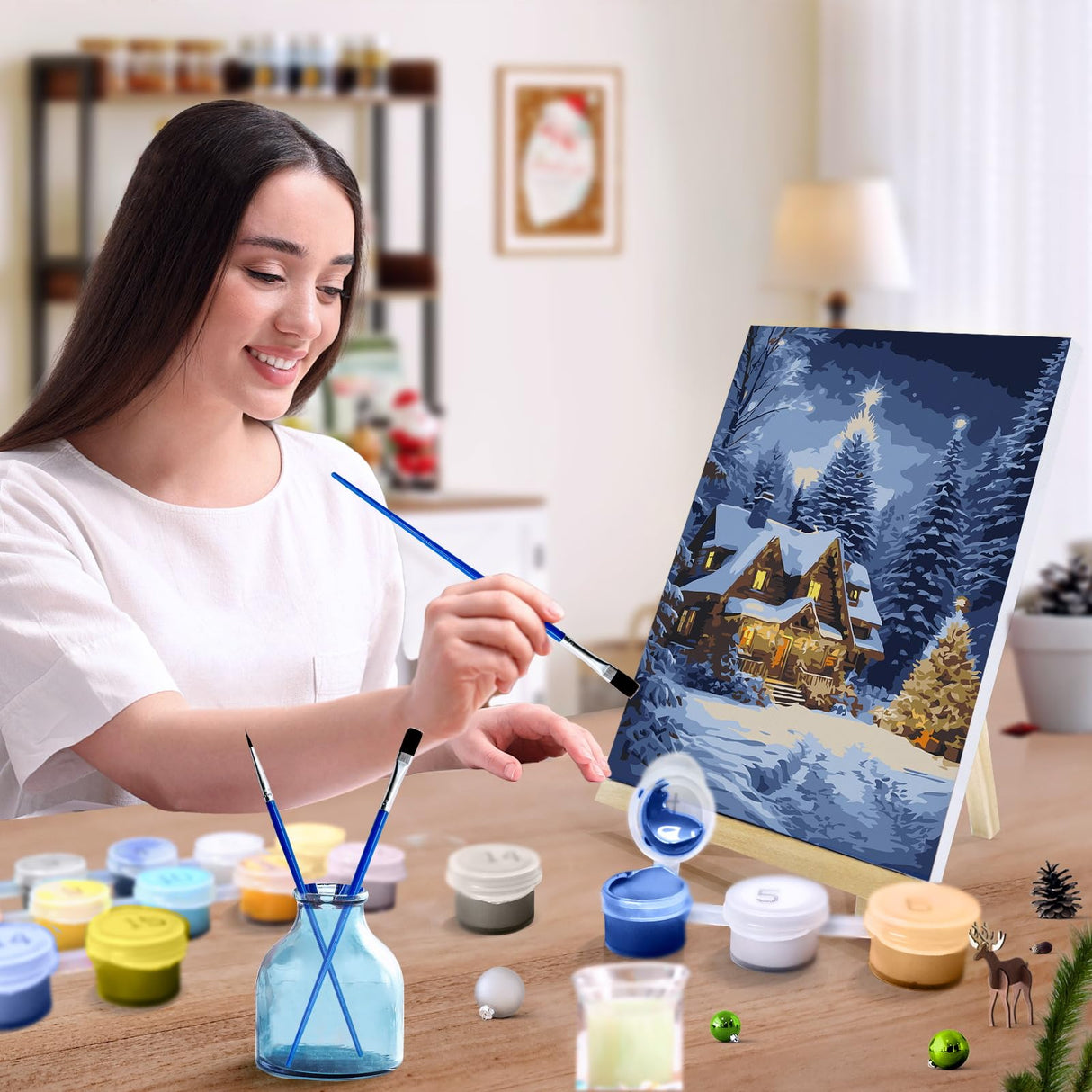 JOOZ Christmas Paint by Numbers Kit for Adults with Frame, Winter House Paint by Number with Easel, DIY Christmas Framed Paint by Number Kits for Gift Home Wall Decor 8x12 Inch JOOZ