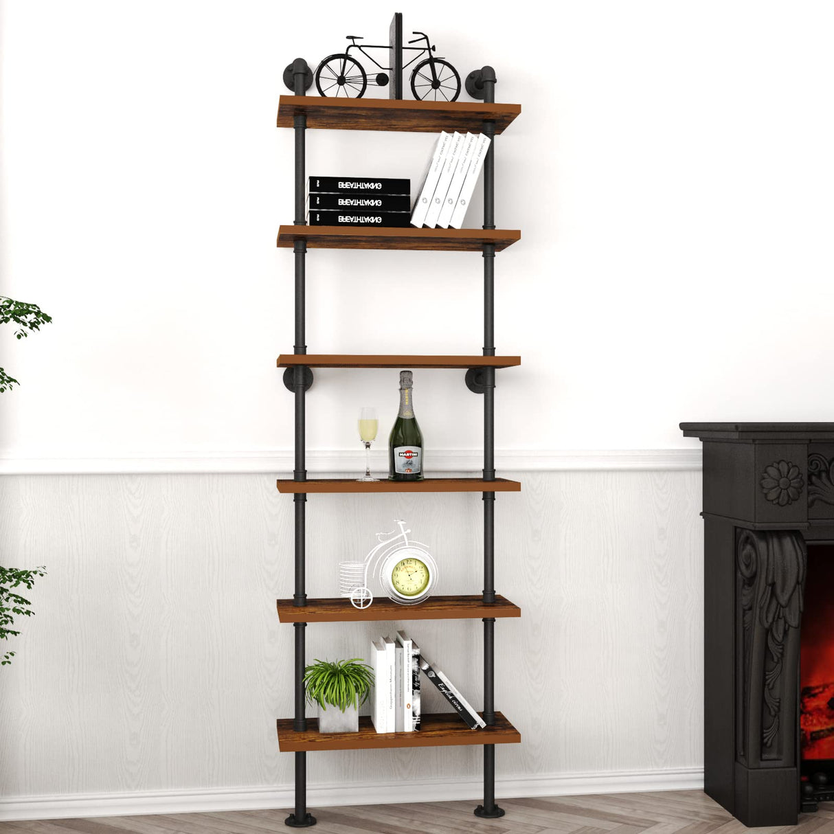 HOMEKAYT Industrial Pipe Shelf Rustic Wood Wall Shelf Ladder Bookshelf Wall Mounted Storage Decor Shelf for Home, Office, Living Room(6-Tier)-Black HOMEKAYT