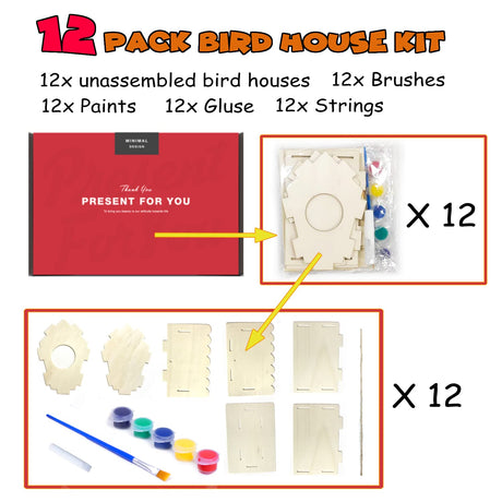 hapray 12 Pack Bird House Kit, DIY Birdhouse Kits, Wooden Crafts Arts for Children to Build and Paint (Includes Paints & Brushes) for Kids Girls Boys Toddlers Christmas Gift hapray