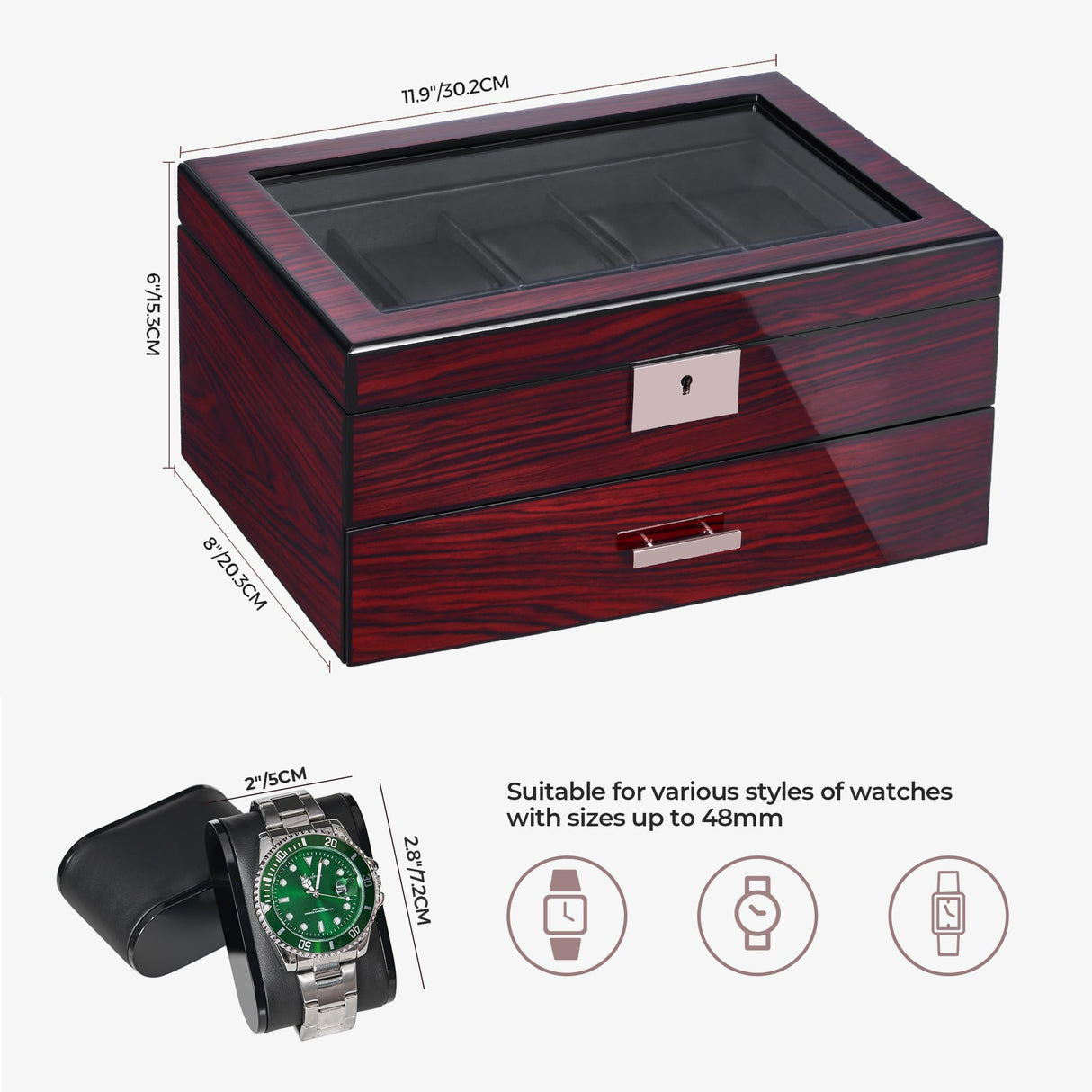 ANWBROAD 20 Slot Watch Box for Men and Women - 2-Tier Display Case With Large Glass Lid, Lockable Wooden Organizer, Luxurious Holder UJWB002Y ANWBROAD