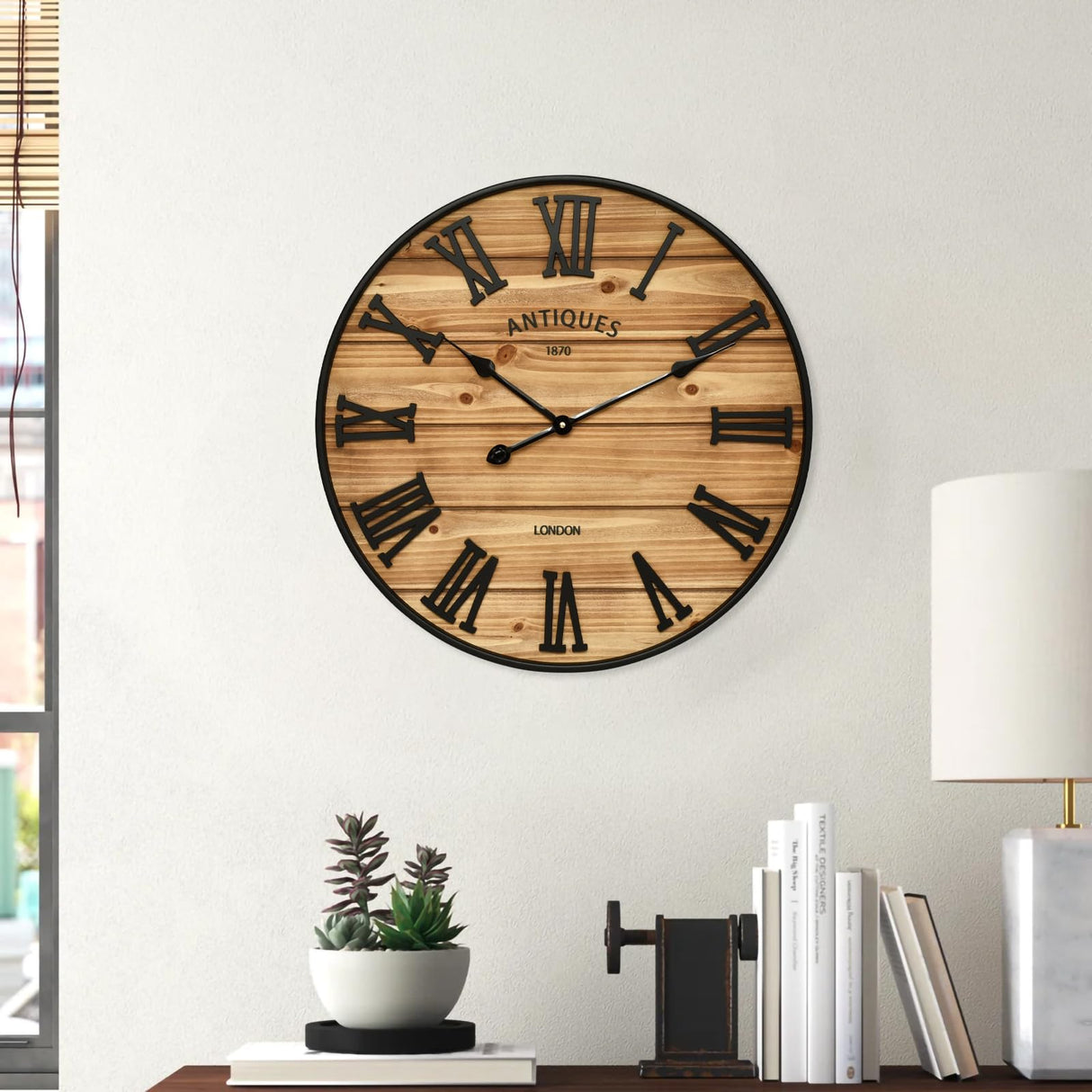 24 Inch Farmhouse Wall Clock - Antique Rustic Wood Finish, Silent Battery-Operated Timepiece with Stylish Decor for Home, Office, Kitchen, Bedroom & Living Room EMAX HOME