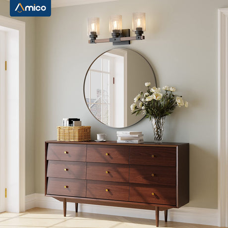 Amico 3-Light Farmhouse Vanity Light Fixture, Rustic Wood Bathroom Light Fixtures, Industrial Vintage Black Wall Sconces Light with Bubble Glass Shade for Mirror, Bedroom, Living Room, Hallway Amico