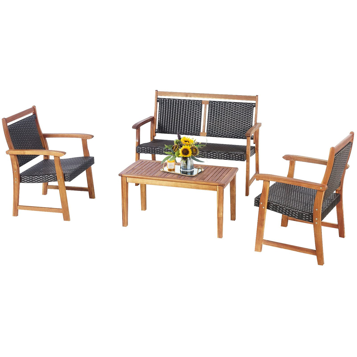 Tangkula 4 Pieces Patio Rattan Conversation Set with Acacia Wood Frame, Patiojoy Outdoor Furniture Set with Chairs & Coffee Table, Sectional Furniture Set for Garden, Backyard, Poolside Tangkula