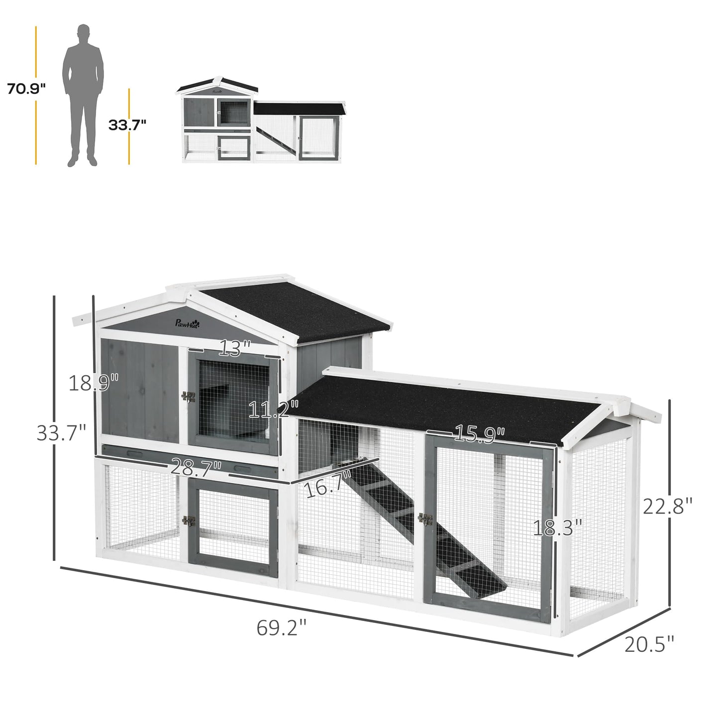 PawHut 69" Rabbit Hutch, Wooden Bunny Hutch, Guinea Pig Cage, Small Animal Enclosure with Run Area, Removable Tray, Asphalt Roof, Lockable Doors and Ramp, White - WoodArtSupply