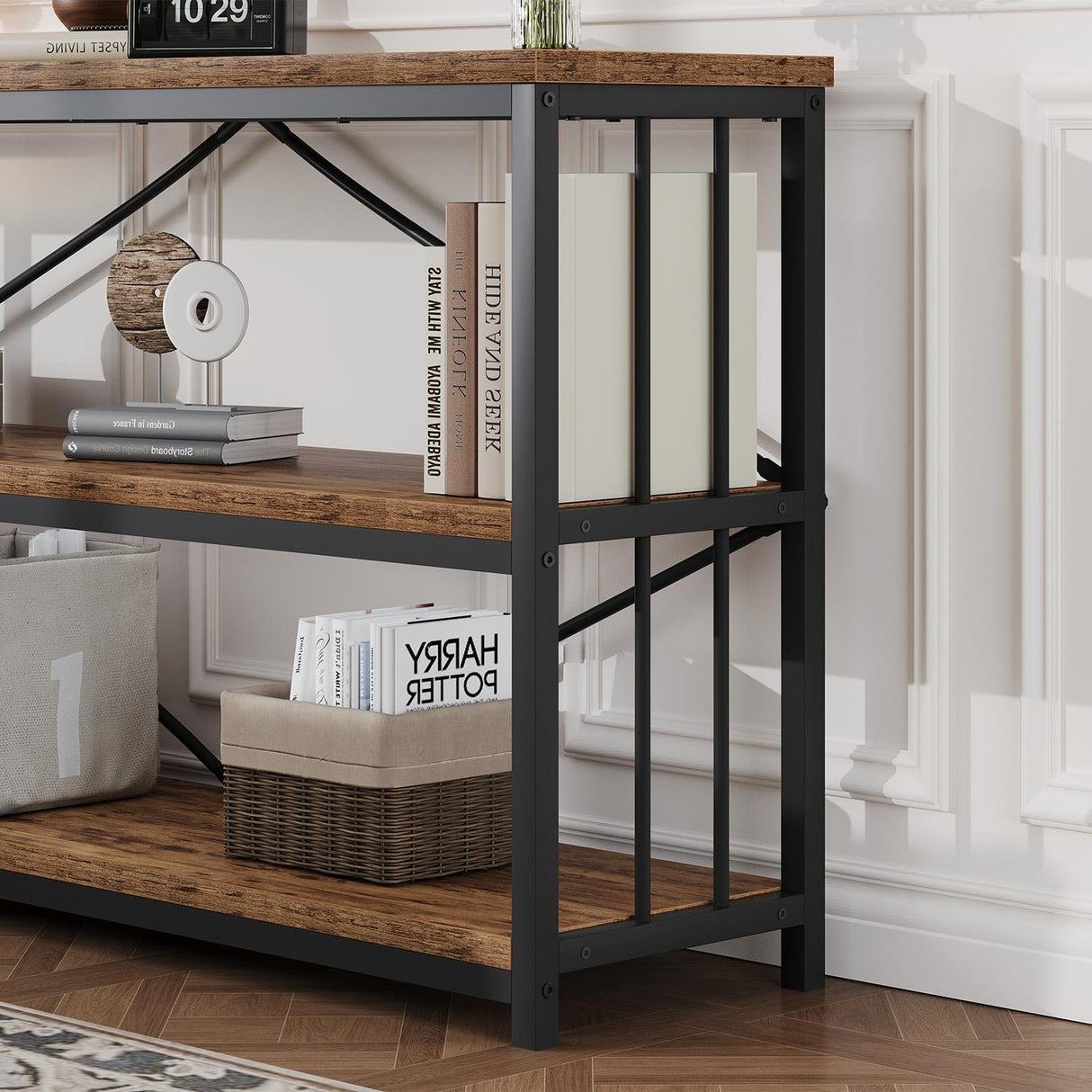 HSH Low Bookshelf, Industrial Wood 3 Tier Extra Long Horizontal Bookcase, Wide Open Metal Large Book Shelf for Bedroom Living Room, Rustic Brown, 70 Inch HSH