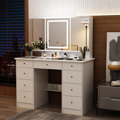 MOUMON Large Vanity Desk with Open Mirror and Glass Tabletop, Vanity Desk with Mirror and Lights, Drawers and Shelves, Crystal Handles, Cushion Stool not Included, White (43.3”W x 19.7”D x 53.6”H)