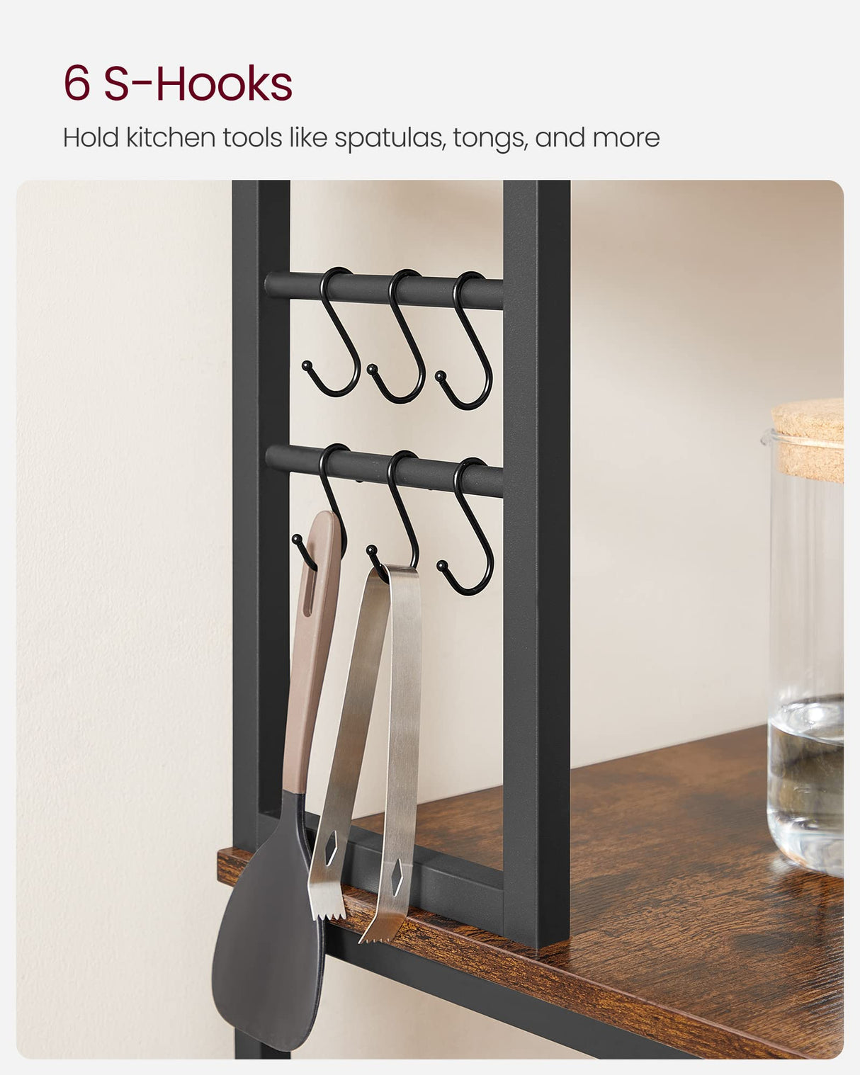 VASAGLE Coffee Bar, 31.5 Inches Baker's Rack for Kitchen with Storage, 6-Tier Kitchen Shelves with 6 Hooks, Microwave Stand, Industrial, Rustic Brown and Black UKKS019B01 VASAGLE