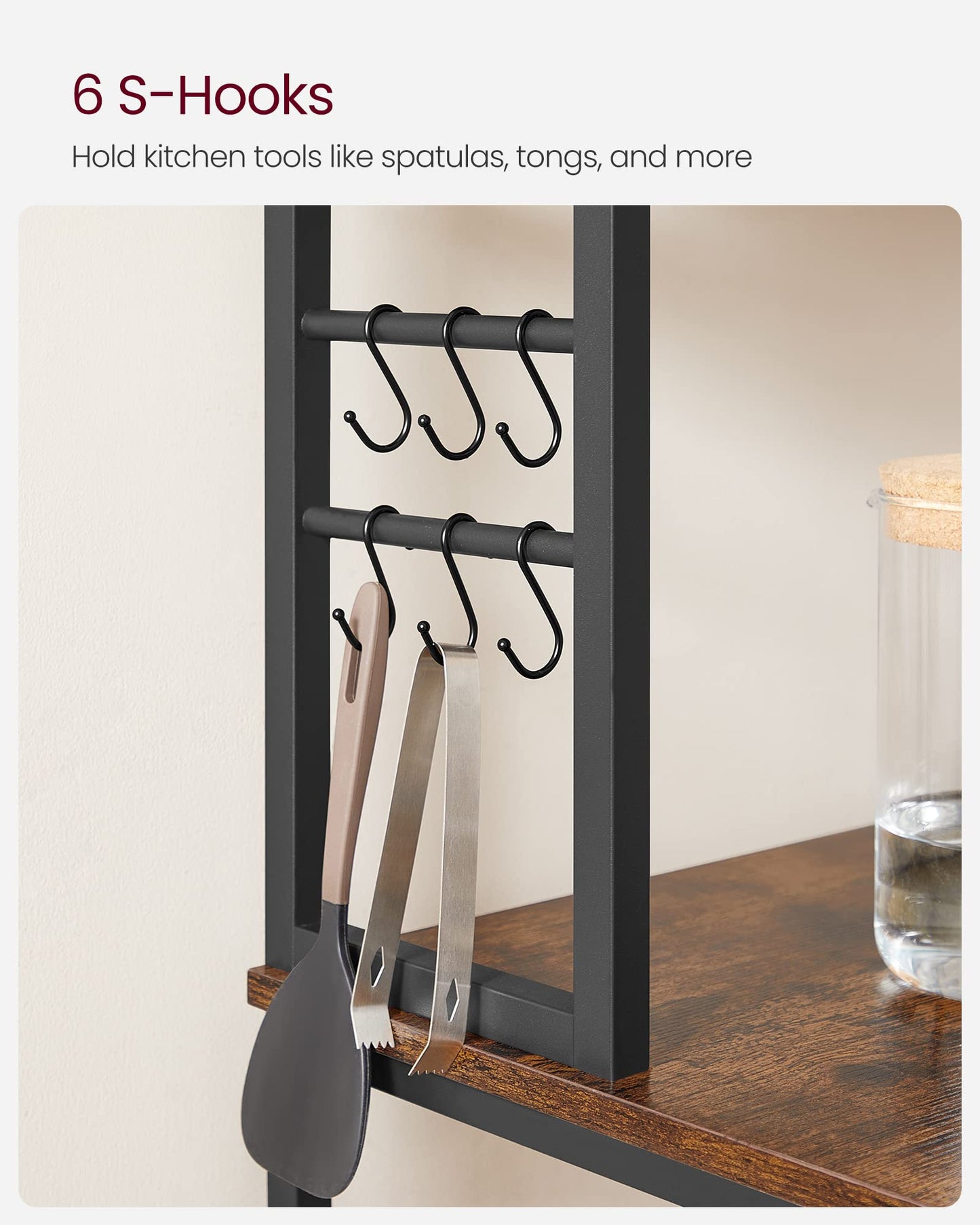 VASAGLE Coffee Bar, 31.5 Inches Baker's Rack for Kitchen with Storage, 6-Tier Kitchen Shelves with 6 Hooks, Microwave Stand, Industrial, Rustic Brown and Black UKKS019B01