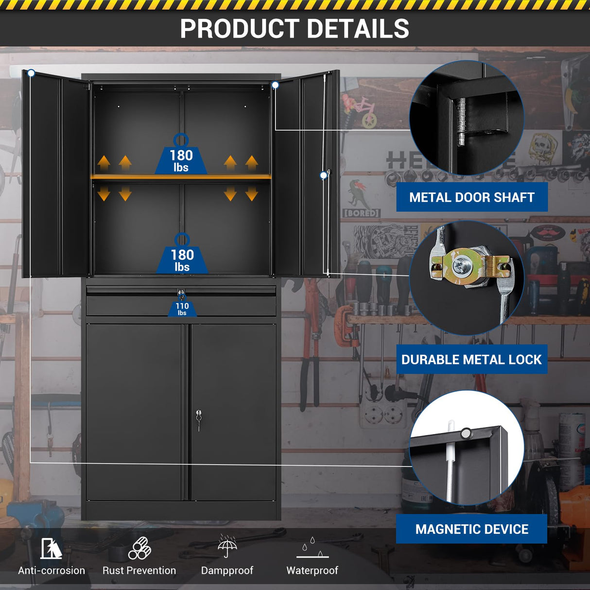 Fesbos 71" Metal Cabinet-Black Heavy Duty Storage File Cabinet Steel Tool Cabinets with Shelves, Lockable Doors and Drawers- for Garage, Pantry, Warehouse - Assembly Required Fesbos