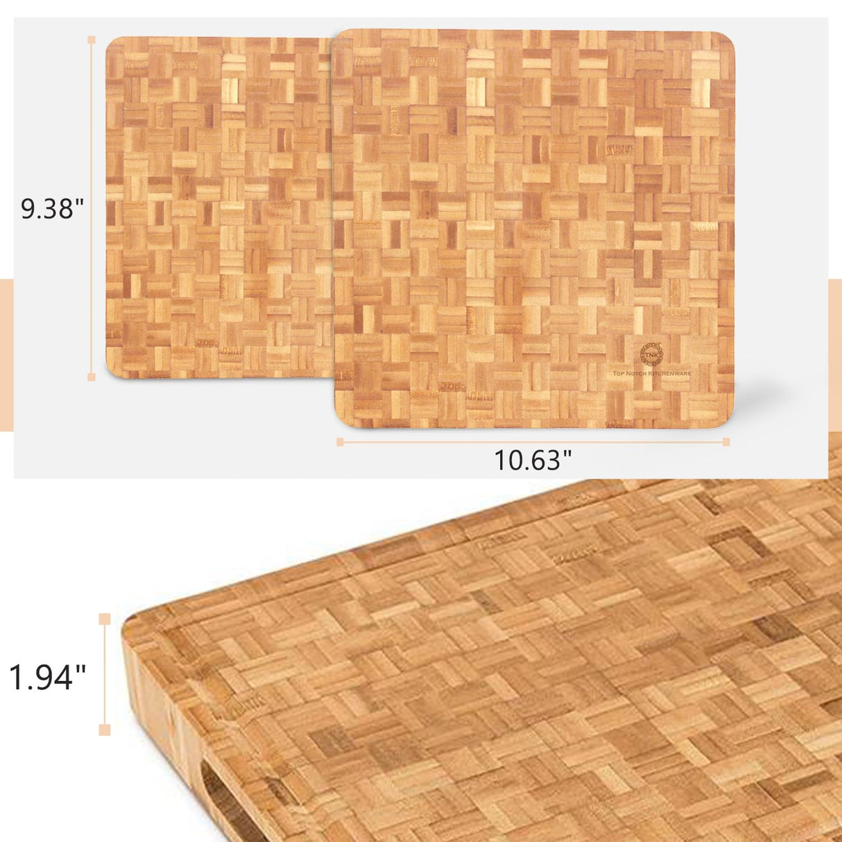Small End Grain Bamboo Cutting Board | Professional, Butcher Block | Non-Slip Rubber Feet Top Notch Kitchenware