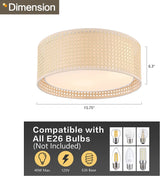 WINGBO 15.7" Modern 3-Light Flush Mount Ceiling Light Fixture with Rattan & Fabric Double Drum Shade for Bedroom Living Room Dining Room Hallway Entryway, Khaki WINGBO