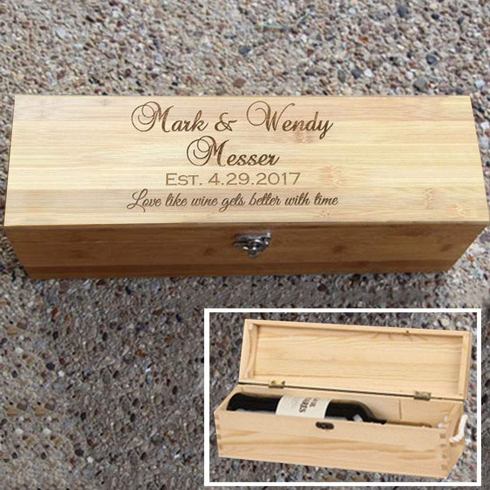 Clibesty Personalized Wooden Wine Box, Wedding Gift Box, Anniversary Wine Box, Custom Engraved Gift Single Wine Box (Wooden) - WoodArtSupply