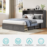 BALUS Murphy Bed Queen Size, Convertible Cabinet Bed with Tri-Fold Mattress and USB Charging Station, Foldable Night Stand Trays, Storage Drawer, Space Saving - Grey BALUS