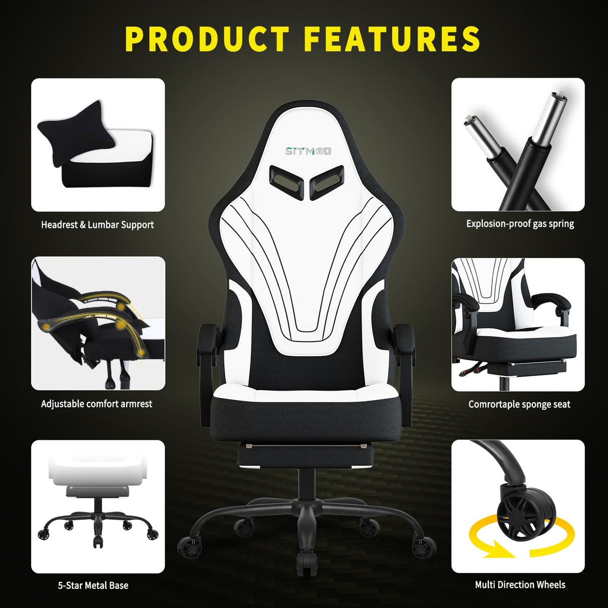 Gaming Chair, Ergonomic Computer Chair with Footrest, Big Tall PC Gamer Chair with Headrest and Massage Lumbar Support, 360° Swivel Height Adjustable Fabric Video Office Chairs for Adults (White) SITMOD