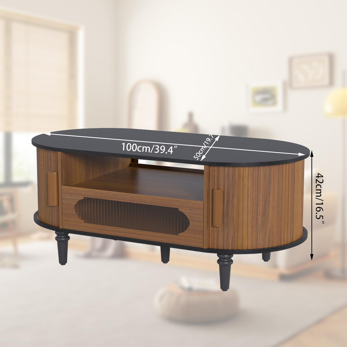 Fluted Round Coffee Table with Storage, Modern Oval Coffee Table with Drawer, Sliding Door, Low Small Center Tables for Living Room, Wooden Boho, Mid Century, Unique, Black and Walnut Jluomei