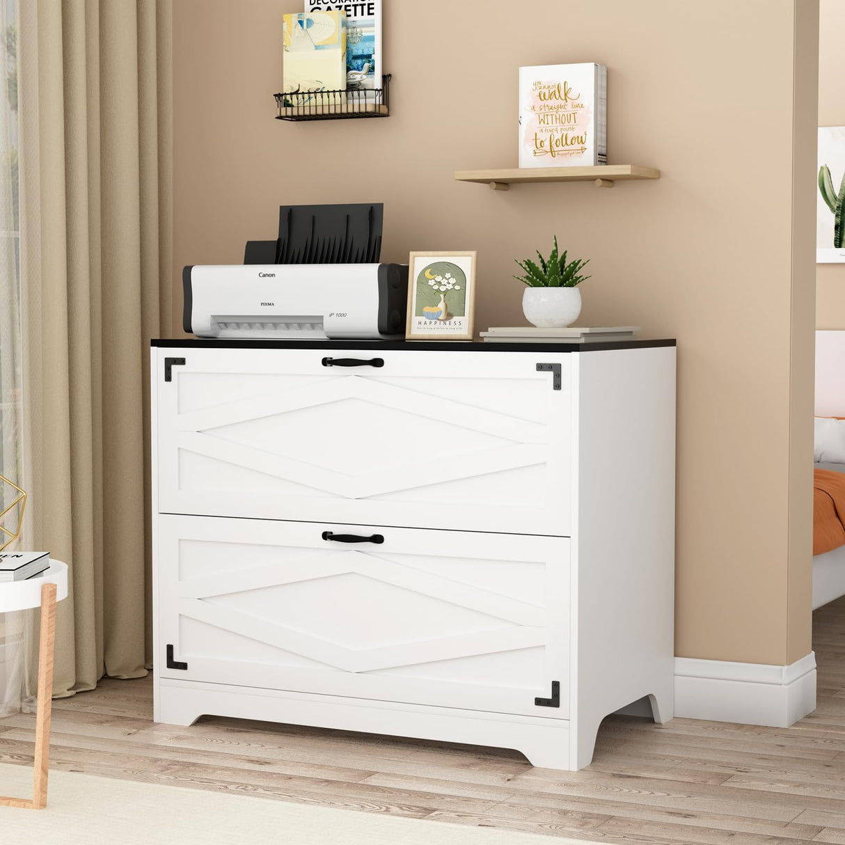 VOWNER 2 Drawer Farmhouse File Cabinet, Wood Lateral Filing Cabinet for Home Office, Large File Storage Printer Stand for A4/Letter Size Files, with Anti-tilt Mechanism, 35" W x 20" D x 29" H, White VOWNER