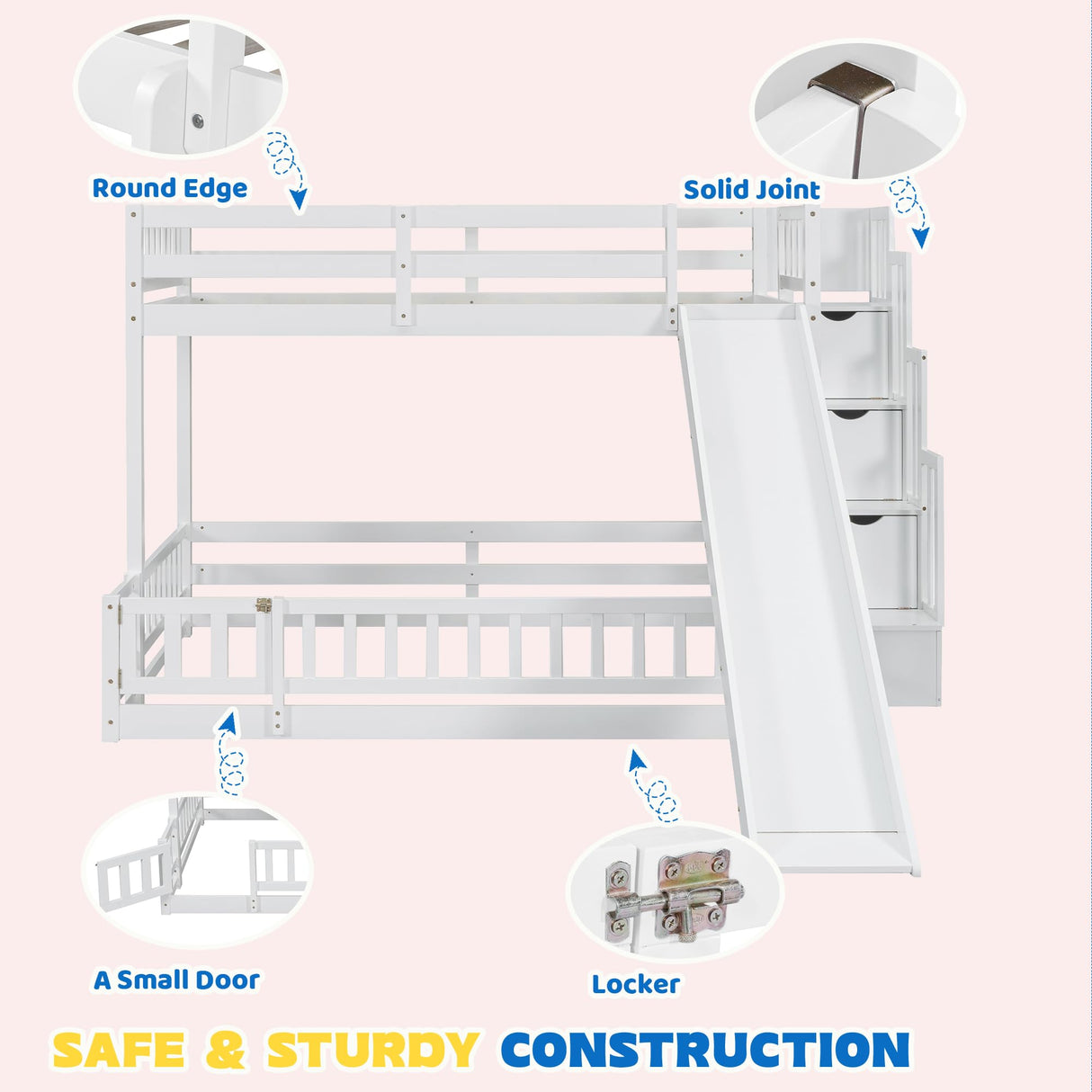 Duxelifin Twin Over Full Bunk Beds with Slide and Stairs, Floor Bunk Bed Frame with Rails, Convertible Wood Loft Bed with Storage Staircase for Kids Boys Girls, White Duxelifin
