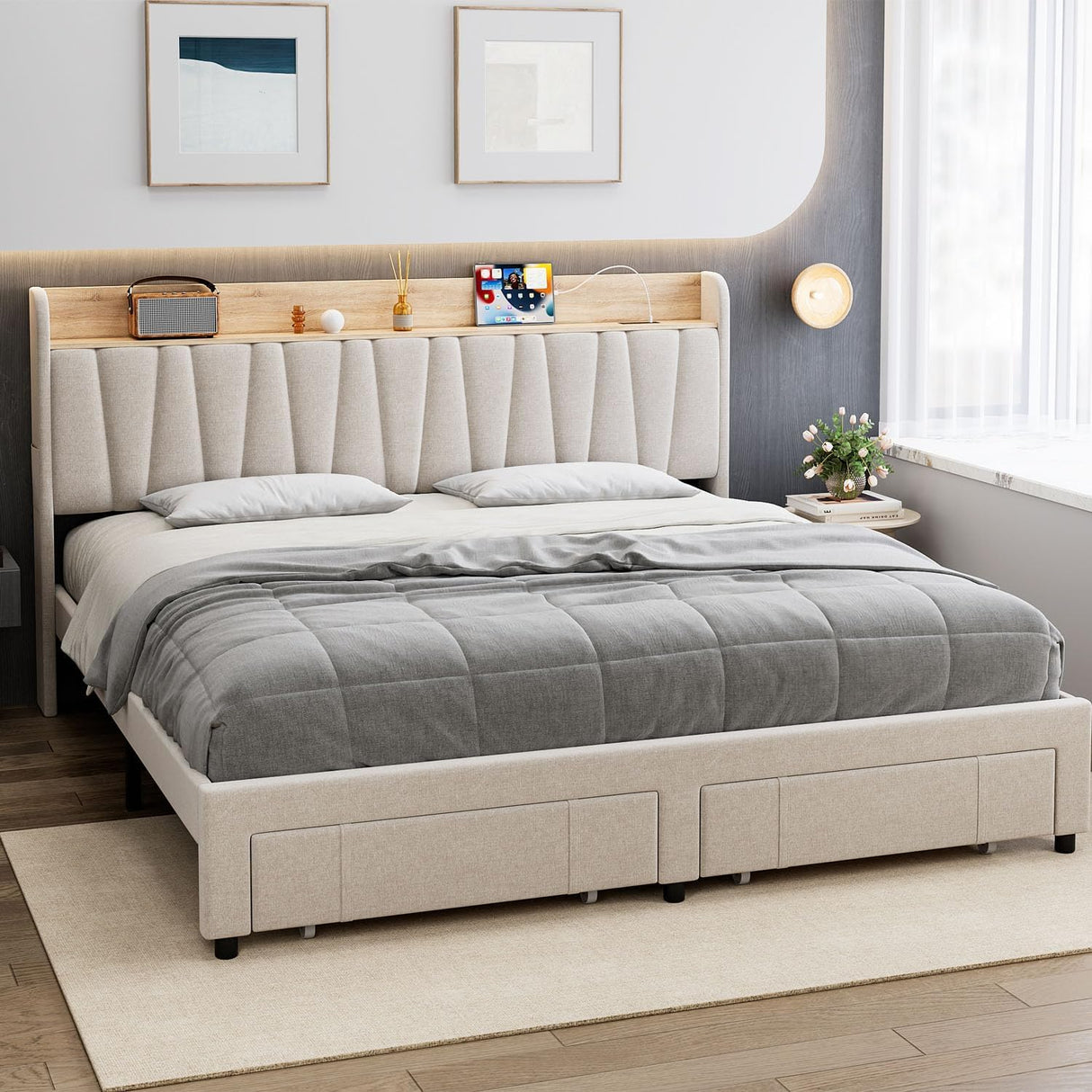 GarveeHome King Size Bed Frame with Storage Headboard, Upholstered Platform Beds with Drawers, Charging Station, Noise-Free, No Box Spring Needed, Easy Assembly, Beige GarveeHome