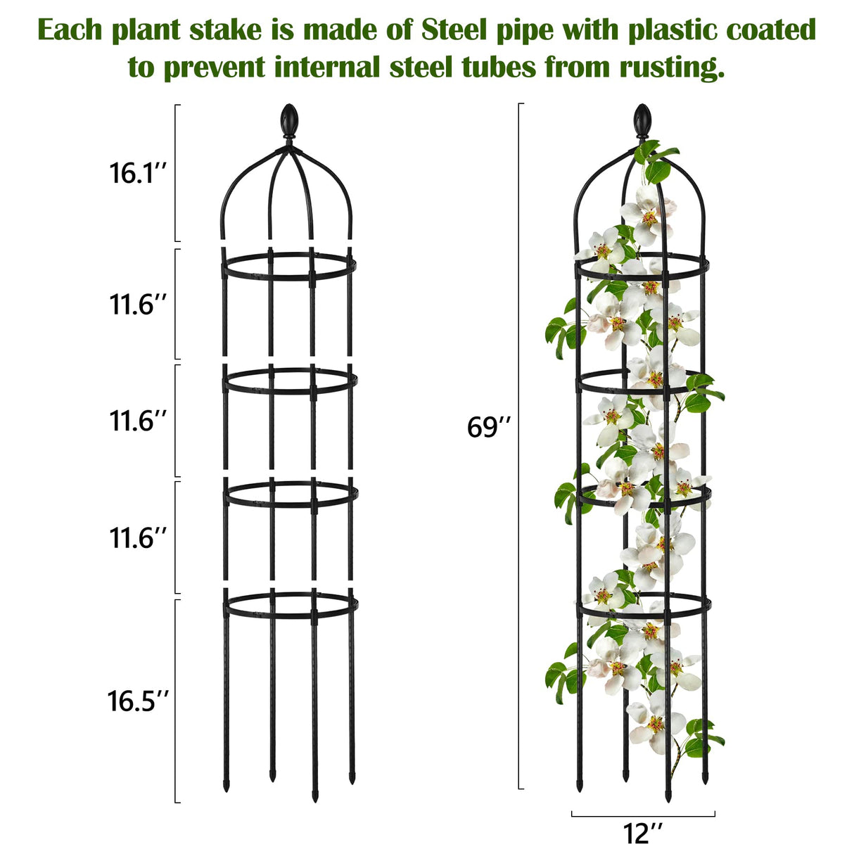 2 Pcs Garden Obelisk Trellis for Climbing Plants Outdoor 6 Ft Rose Bush Round Trellis for Pots Rustproof Metal Plant Flower Trellises for Clematis Vine Jasmine Support Outdoor Indoor Miuwauer