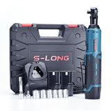 S-LONG Cordless Ratchet Wrench Set, 3/8" 400 RPM 12V Power Electric Ratchet Driver with 12 Sockets, Two 2000mAh Lithium-Ion Batteries and 60-Min Fast Charge S-LONG