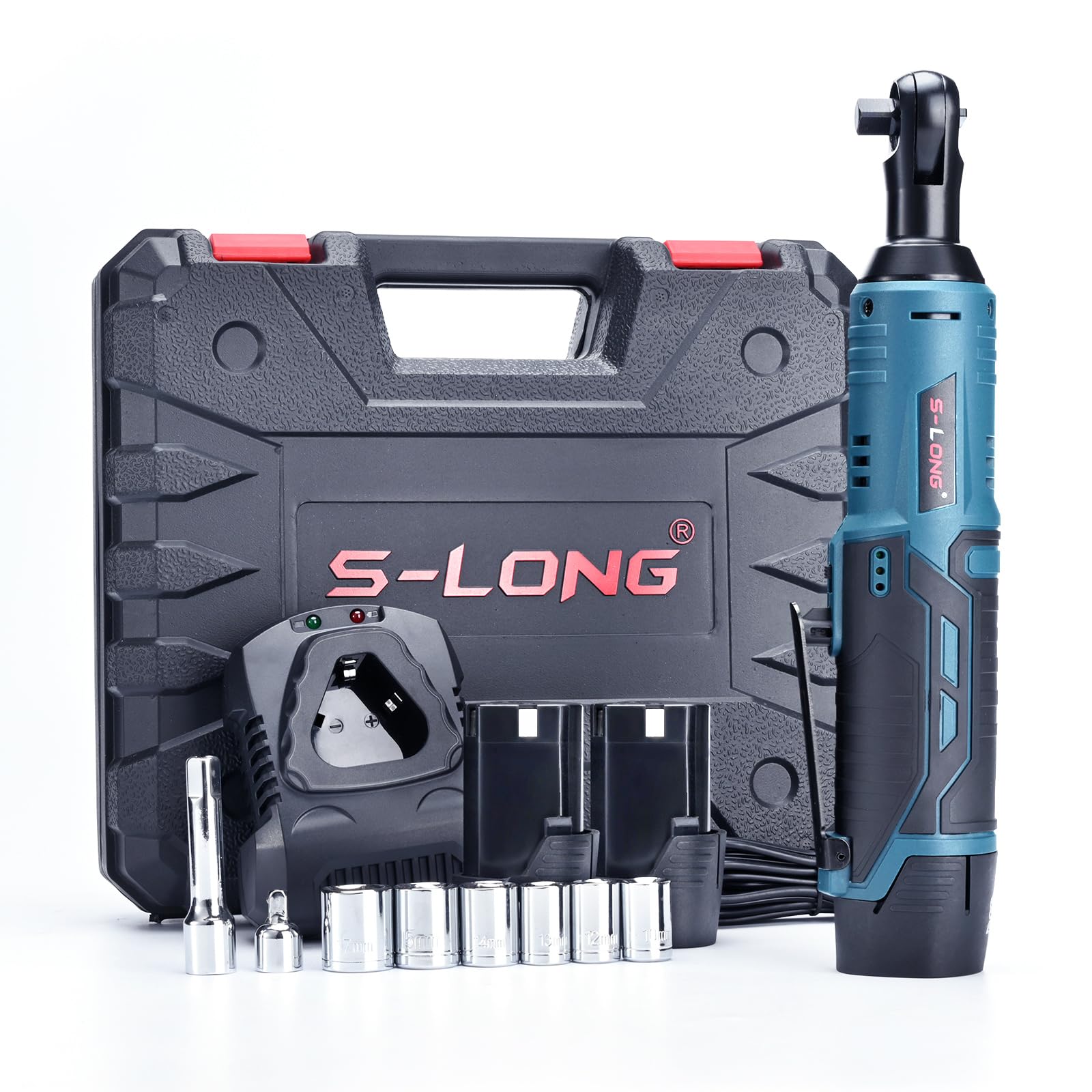 S-LONG Cordless Ratchet Wrench Set, 3/8" 400 RPM 12V Power Electric Ratchet Driver with 12 Sockets, Two 2000mAh Lithium-Ion Batteries and 60-Min Fast Charge - WoodArtSupply