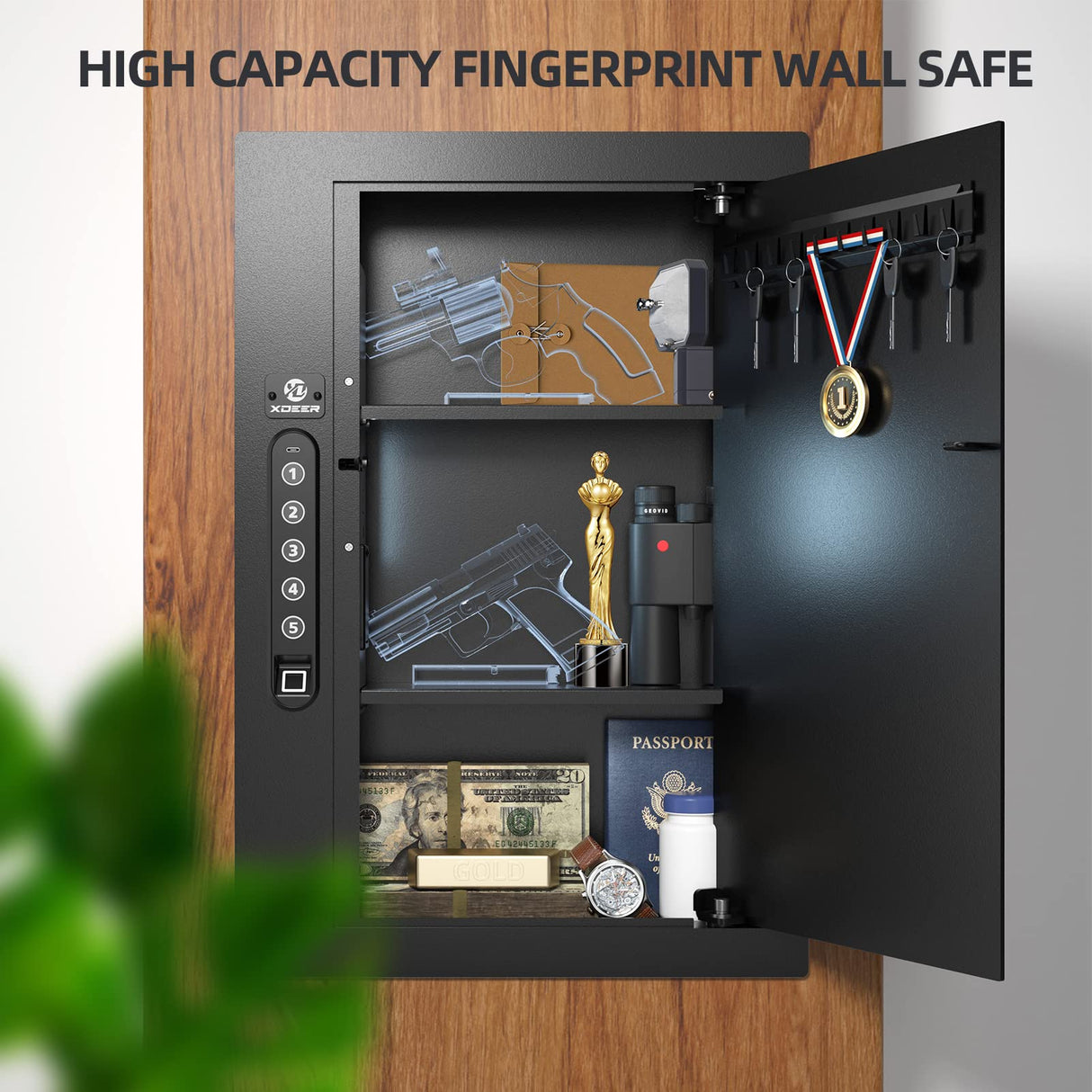 XDeer Security Flat Wall Safes In-Wall Hidden Safes Biometric Safes Fingerprint Safes Electronic Hidden Safes with Numeric Keypad Protecting Handguns, Money, Jewelry, Passports - for Home or Business XDeer