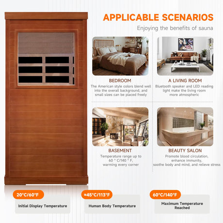 One/Single Person Sauna Far Infrared Oguman Wood Saunas Room with Red Light Therapy Home Wood Spa Dry Saunas Single Person Spa Beauty of Natural Wood 27.6"x35.2"x61.6" Light Brown cabirty