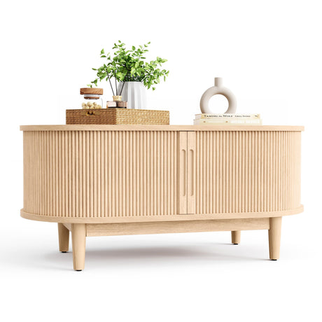 LINSY HOME Mid Century Modern Coffee Table with Sliding Tambour Door, Fluted Accent Center Table with Storage, Oval Small Coffee Table for Living Room, Oak LINSY HOME