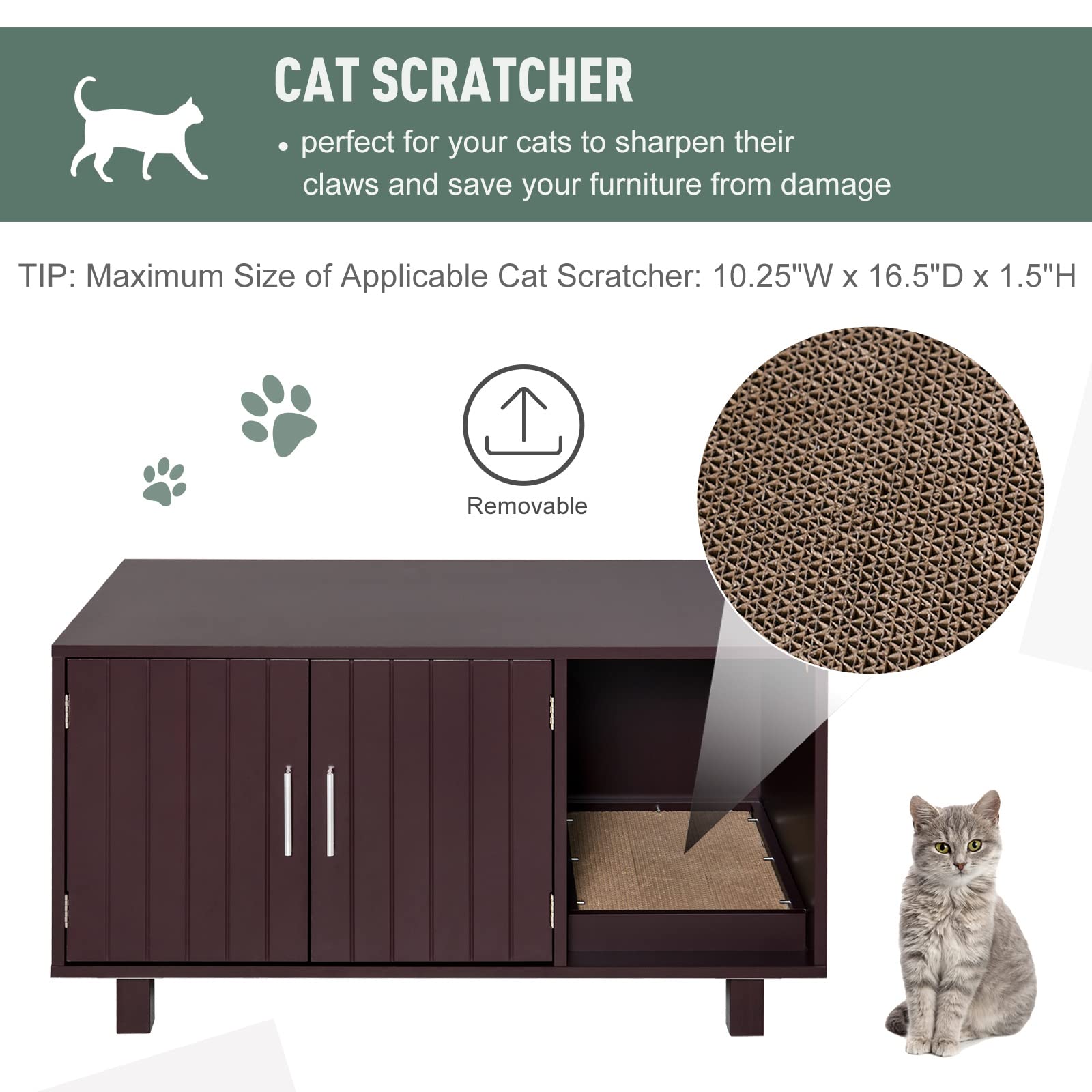 PawHut Wooden Cat Litter Box Enclosure & House, Kitty Hidden Washroom, with End Table Design, Scratcher, & Magnetic Doors, Brown - WoodArtSupply