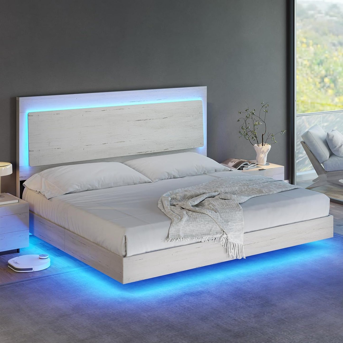 AMERLIFE Distressed White King Floating Bed Frame with LED Mood Lighting and Recline Headboard - WoodArtSupply