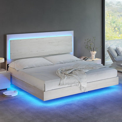 AMERLIFE Distressed White King Floating Bed Frame with LED Mood Lighting and Recline Headboard - WoodArtSupply