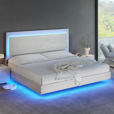 AMERLIFE Distressed White King Floating Bed Frame with LED Mood Lighting and Recline Headboard AMERLIFE
