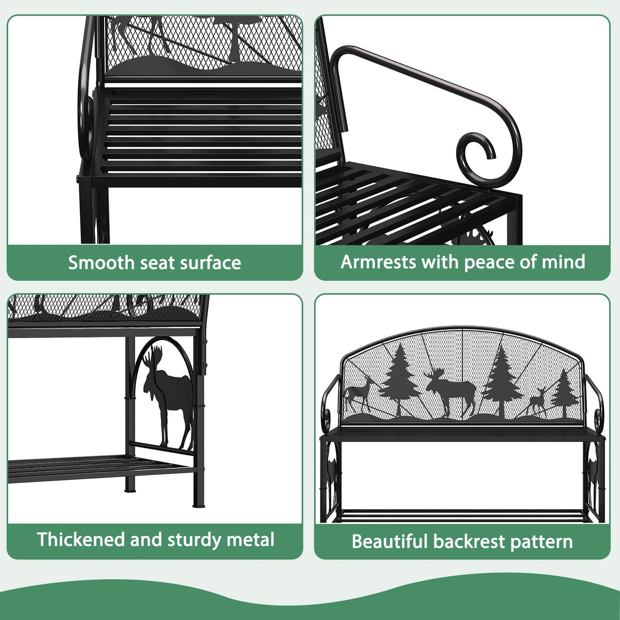 HavenlyYouth Outdoor Bench, Garden Bench with Backrest and Armrests, Patio Bench with Forest Series Pattern, Anti- Rust Thickened Metal Bench Outdoor for Garden, Yard, Patio, Porch, Lawn and Park HavenlyYouth