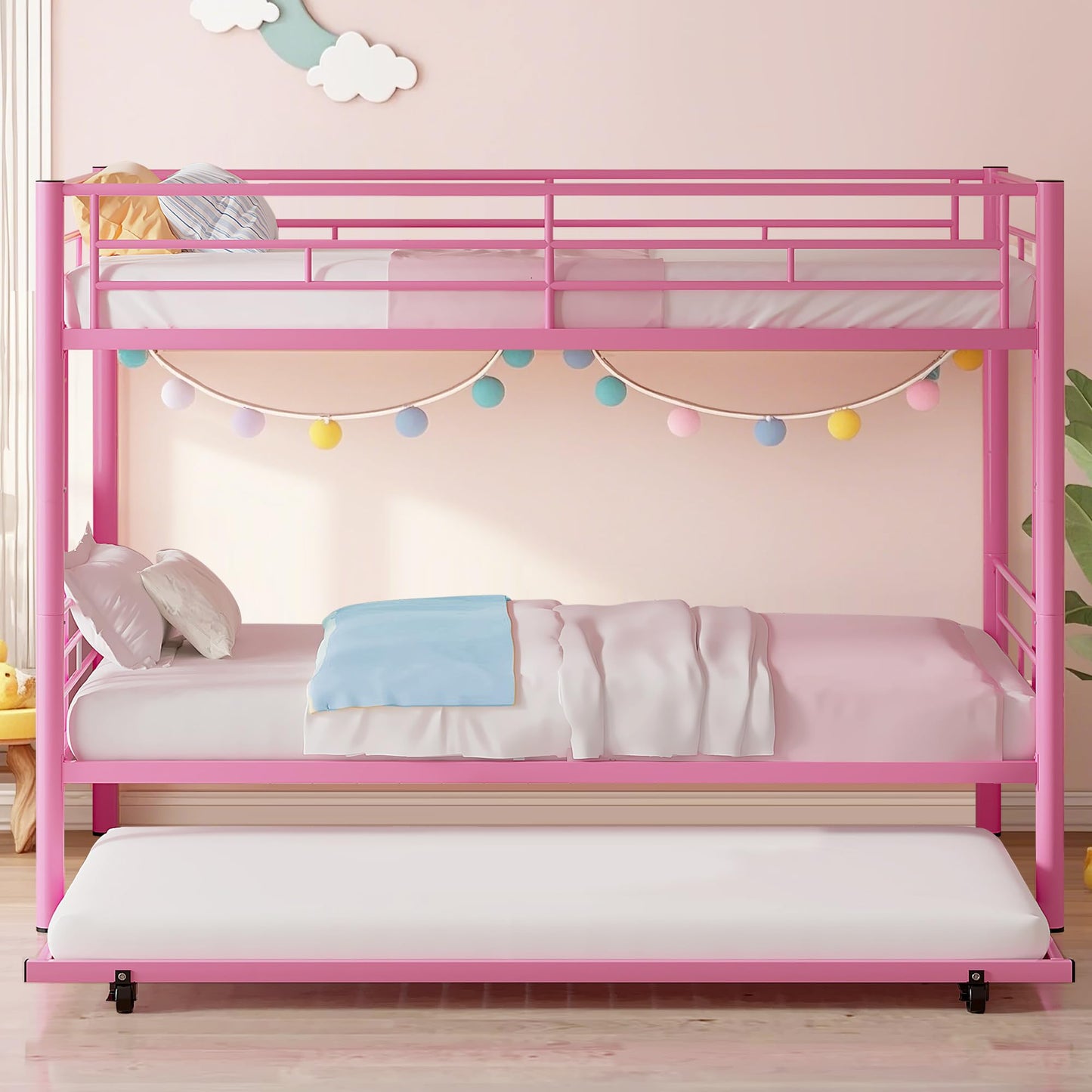 VECELO Twin Over Twin Bunk Bed with Trundle, Convertible Metal Bunkbeds with 2 Ladders and Guardrails, Space Saving, No Box Spring, Pink