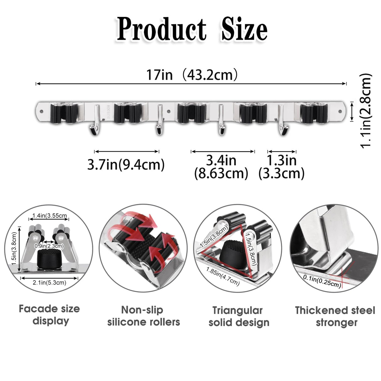 AceMining 5 Racks and 4 Hooks Mop and Broom Holder Wall Mount, Broom Organizer Storage Tool Racks Stainless Steel Heavy Duty Hooks Self Adhesive Solid Non-slip for Home Kitchen Garden Laundry Garage AceMining