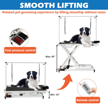 50'' Electric Dog Grooming Table, Heavy Duty, Height Adjustable Pet Grooming Table with Socket w/Leveling Wheels, Grooming Arm, Anti Slip Tabletop & Tool Organizer, for All Pets White Towallmark