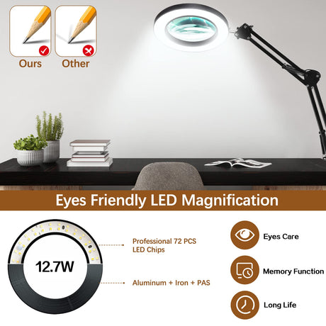 VUEJIC 10X Magnifying Glass with Light and Clamp, Magnifier with Light Hands Free3 Color Modes Stepless Dimmable, 72 LEDs Real Glass Lens Magnifying Lamp for Close Work, Repair, Reading, Craft VUEJIC