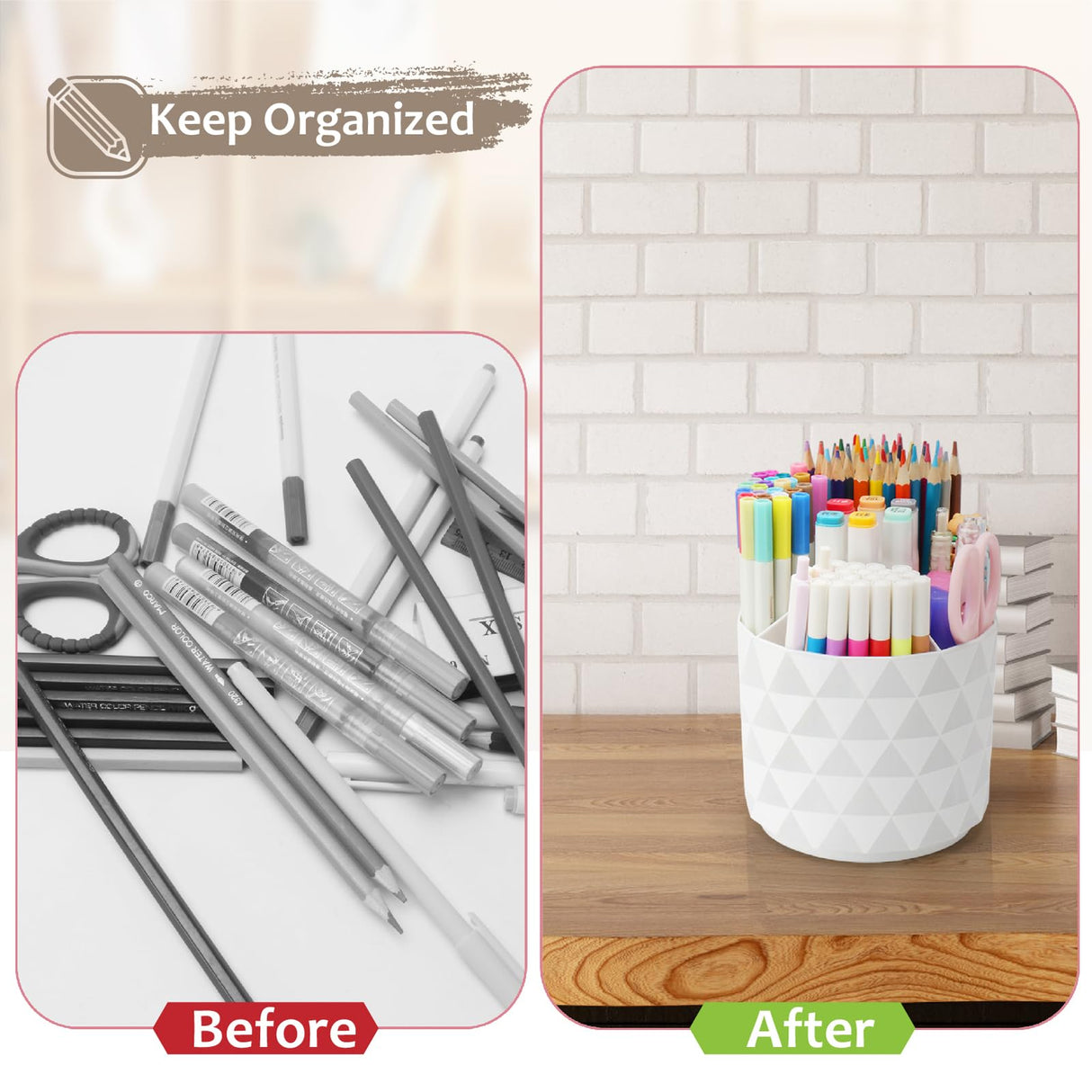 Nuozme Desk Organizer, 360-Degree Rotating Pencil Pen Holders For Desk, Diamond Pattern Pen Organizer With 5 Compartments, Cute Desk Accessories Decor For Office, School,Home,Art Supply (White) Nuozme